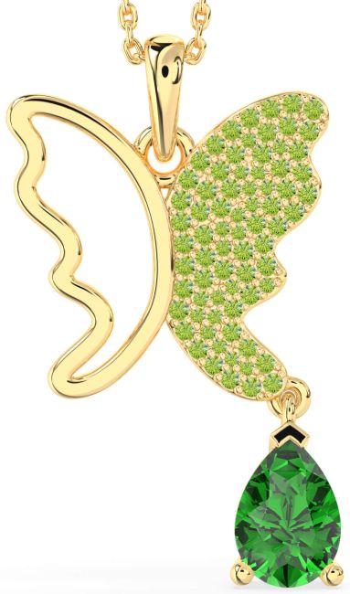 Large Emerald & Peridot Gold Butterfly Necklace