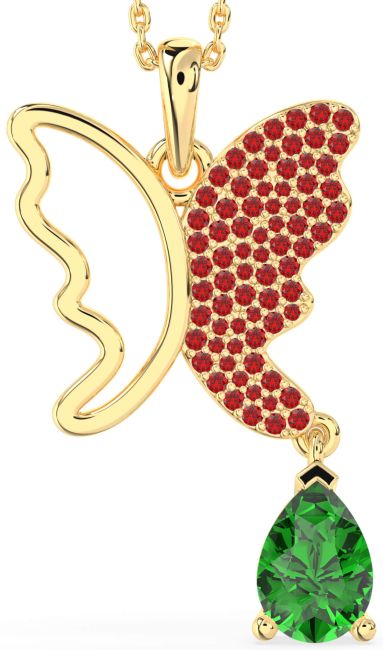 Large Emerald & Ruby Gold Silver Butterfly Necklace