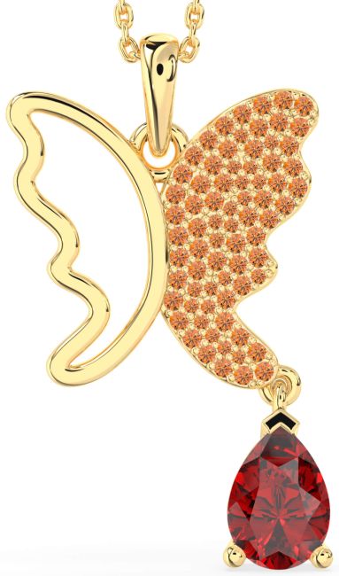 Large Ruby & Citrine Gold Butterfly Necklace