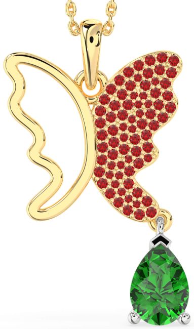 Large Emerald & Ruby Gold Silver Butterfly Necklace