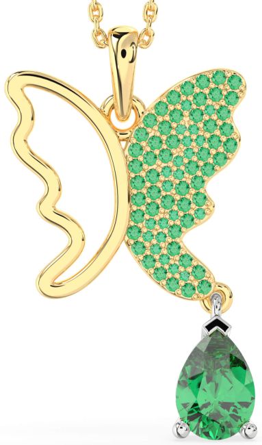 Large Emerald Gold Silver Butterfly Necklace