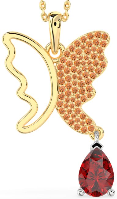 Large Ruby & Citrine Gold Silver Butterfly Necklace