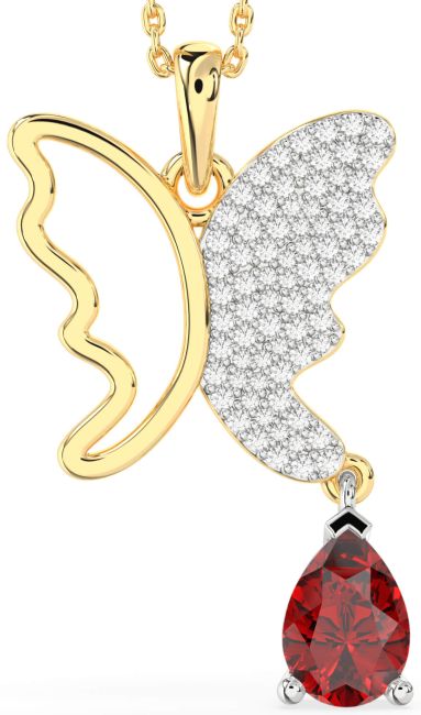 Large Diamond & Ruby Gold Silver Butterfly Necklace