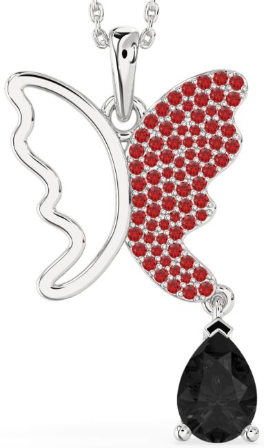 Large Black Diamond & Ruby Silver Butterfly Necklace