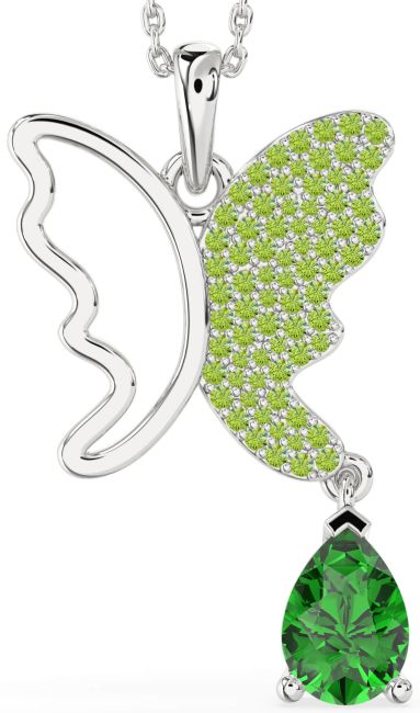 Large Emerald & Peridot Silver Butterfly Necklace