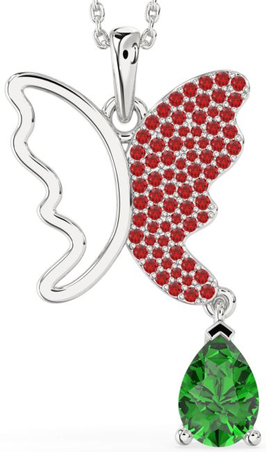 Large Emerald & Ruby Platinum Butterfly Necklace