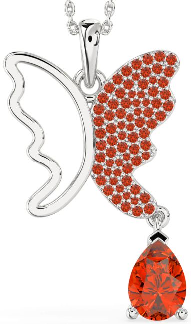 Large Fire Opal Silver Butterfly Necklace