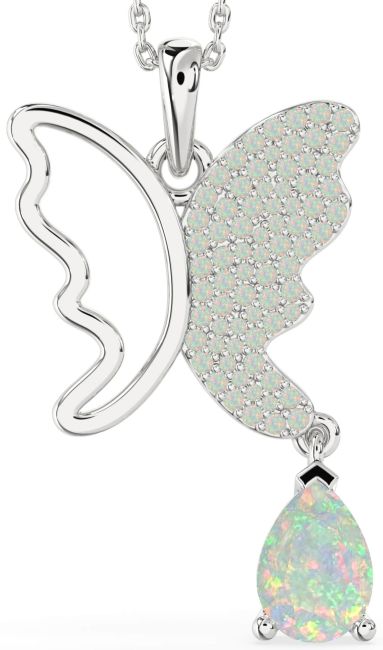 Large Opal Platinum Butterfly Necklace