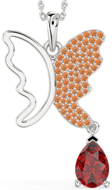 Large Ruby & Citrine Silver Butterfly Necklace