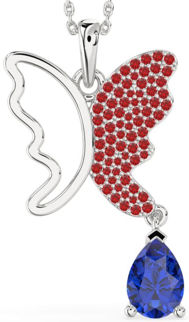Large Blue Sapphire & Ruby Silver Butterfly Necklace