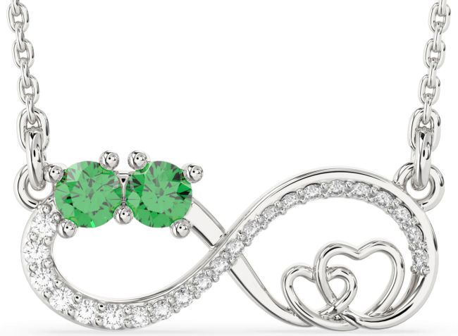 Large Diamond Emerald Silver Infinity Heart Birthstone Necklace