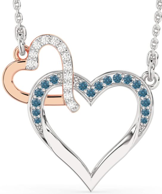 Large Blue Diamond Silver & 10K Rose Gold Heart Interlock Necklace