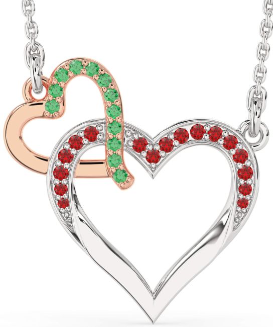 Large Emerald & Ruby Rose Gold Silver Heart Interlock Necklace