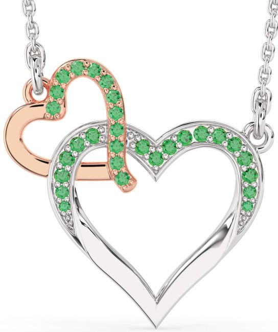 Large Emerald Rose Gold Silver Heart Interlock Necklace