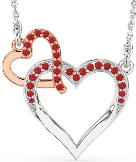 Large Ruby Rose Gold Silver Heart Interlock Necklace