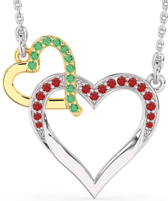 Large Emerald & Ruby Gold Silver Heart Interlock Necklace