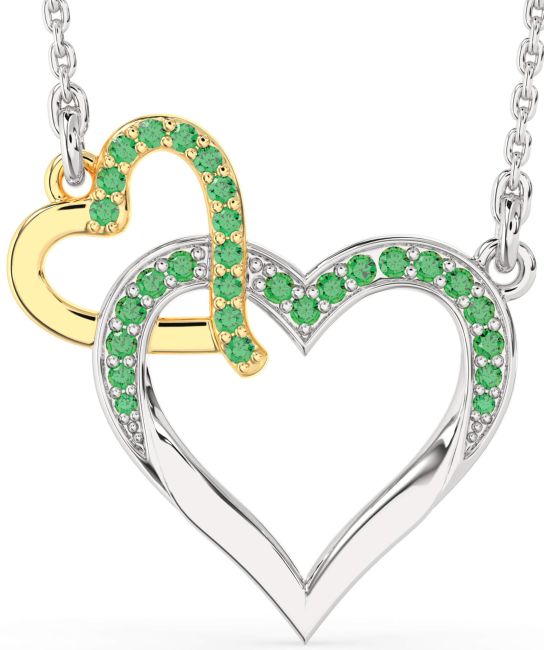 Large Emerald Gold Silver Heart Interlock Necklace
