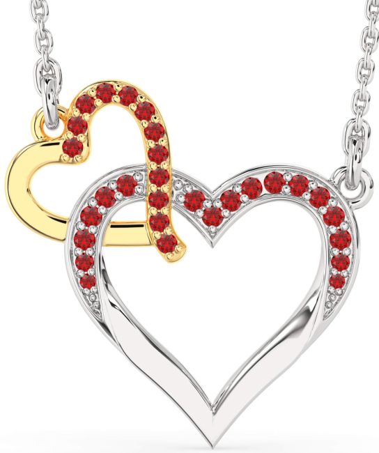 Large Ruby Gold Silver Heart Interlock Necklace