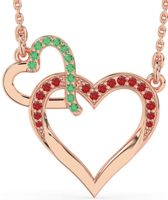 Large Emerald & Ruby Rose Gold Heart Interlock Necklace