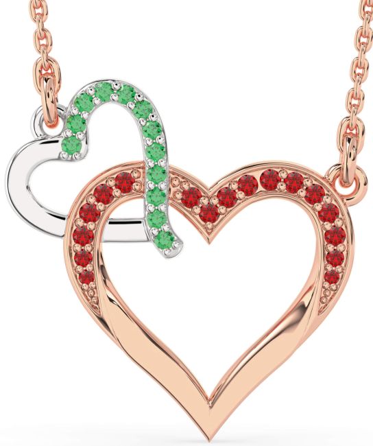 Large Emerald & Ruby Rose Gold Silver Heart Interlock Necklace