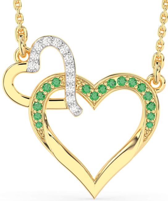 Large Emerald & Diamond Gold Heart Interlock Necklace