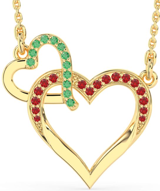 Large Emerald & Ruby Gold Silver Heart Interlock Necklace