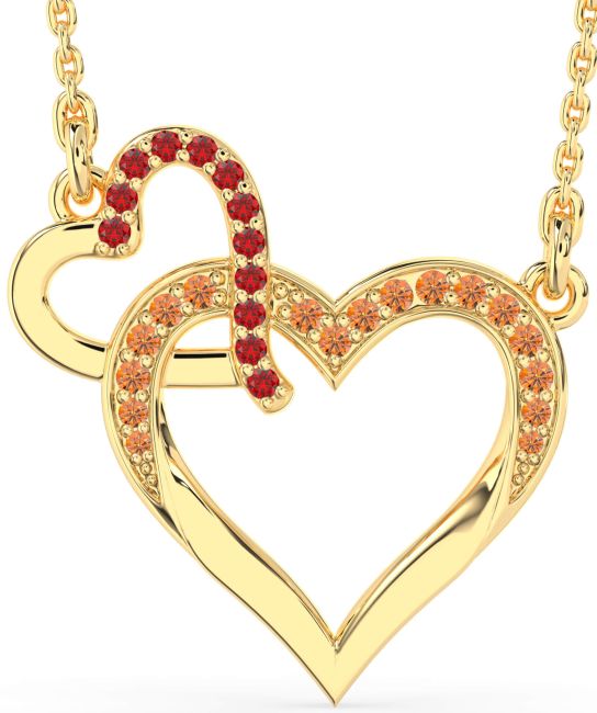 Large Ruby & Citrine Gold Heart Interlock Necklace