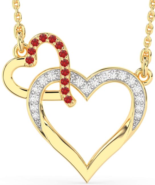 Large Diamond & Ruby Gold Silver Heart Interlock Necklace
