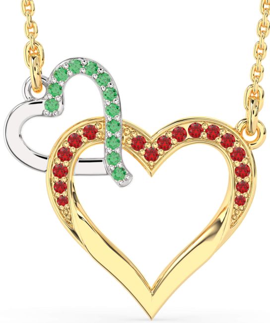 Large Emerald & Ruby Gold Silver Heart Interlock Necklace