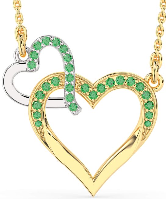 Large Emerald Gold Silver Heart Interlock Necklace