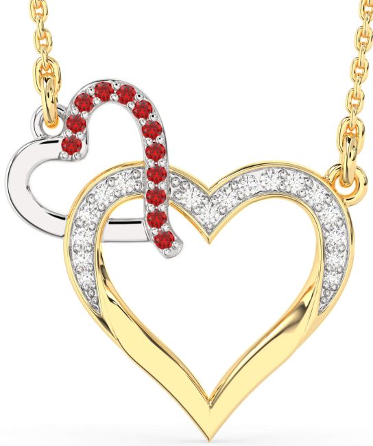 Large Diamond & Ruby Gold Silver Heart Interlock Necklace