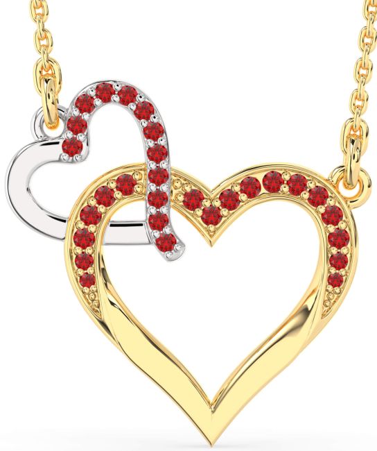 Large Ruby Gold Silver Heart Interlock Necklace