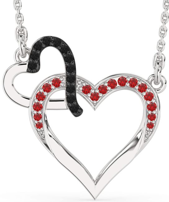 Large Black Diamond & Ruby Silver Heart Interlock Necklace