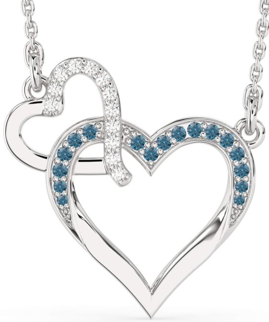 Large Blue Diamond Silver Heart Interlock Necklace
