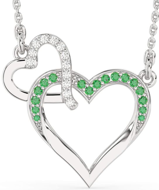 Large Emerald & Diamond Silver Heart Interlock Necklace