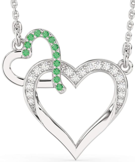 Large Diamond & Emerald Platinum Heart Interlock Necklace
