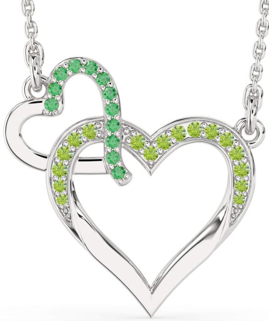 Large Emerald & Peridot Silver Heart Interlock Necklace