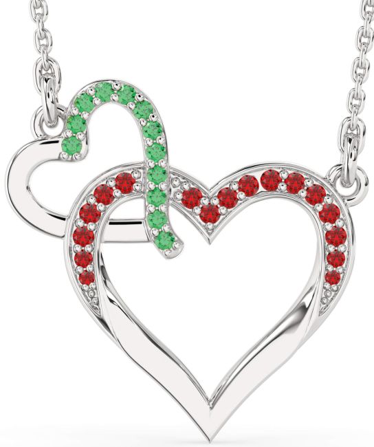 Large Emerald & Ruby Silver Heart Interlock Necklace