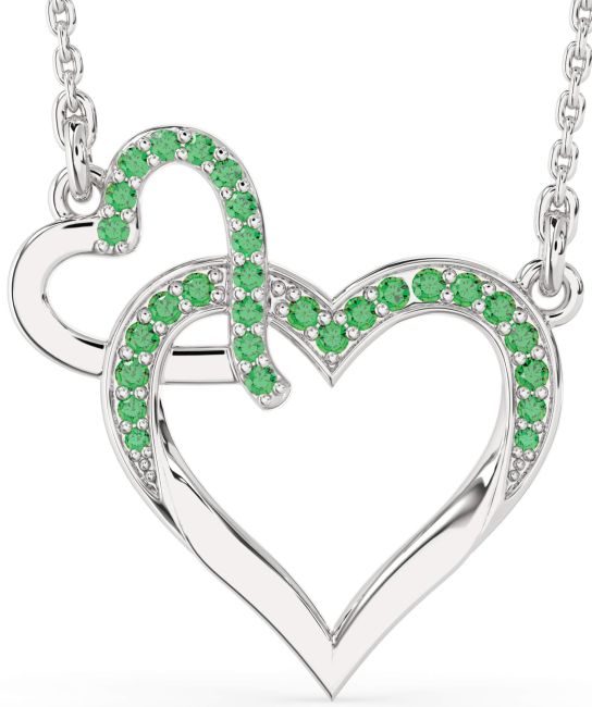 Large Emerald Silver Heart Interlock Necklace