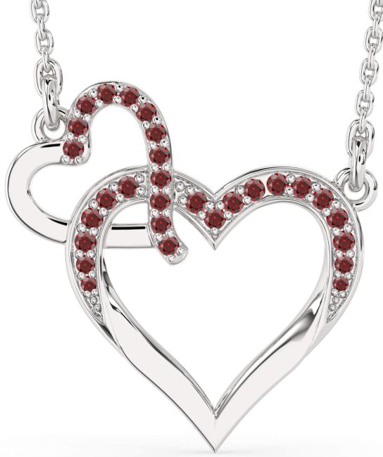 Large Garnet Silver Heart Interlock Necklace