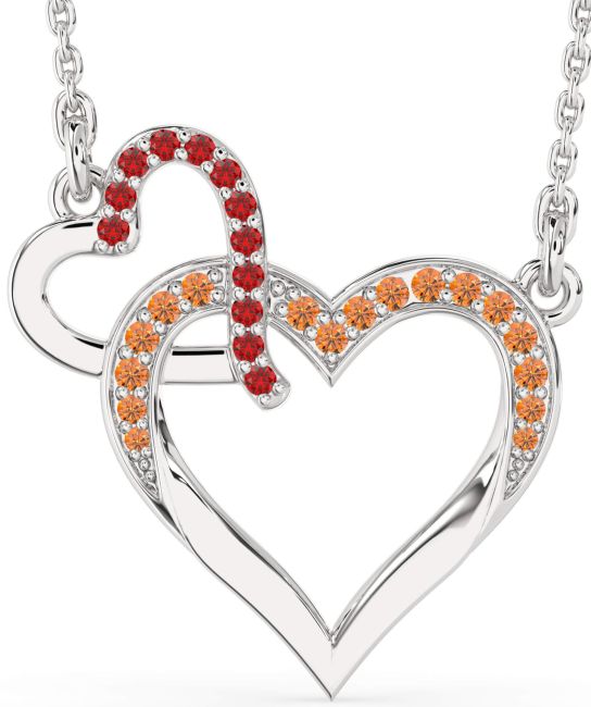 Large Ruby & Citrine Silver Heart Interlock Necklace