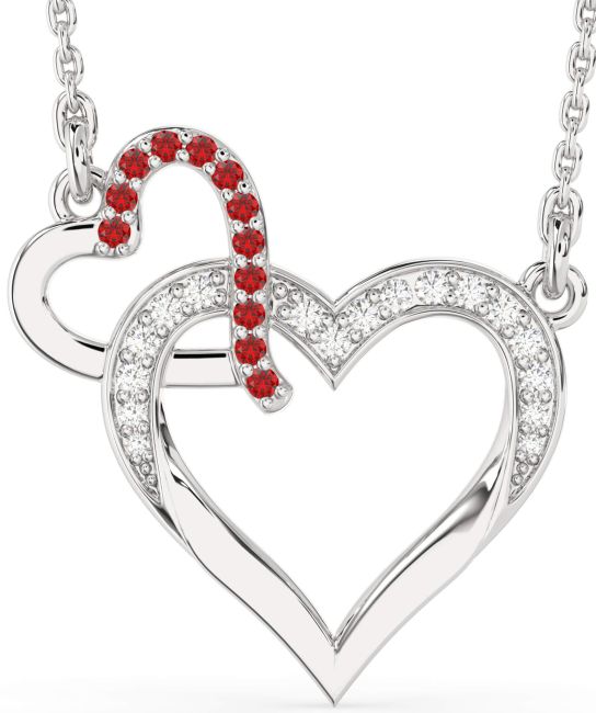 Large Diamond & Ruby Silver Heart Interlock Necklace