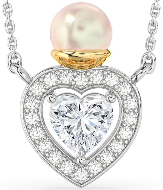 Diamond White Yellow Gold Pearl Heart Necklace