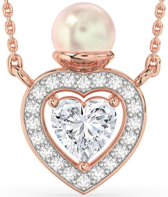 Diamond Rose Gold Pearl Heart Necklace