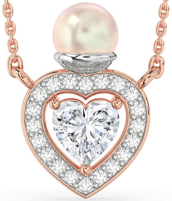 Diamond White Rose Gold Pearl Heart Necklace