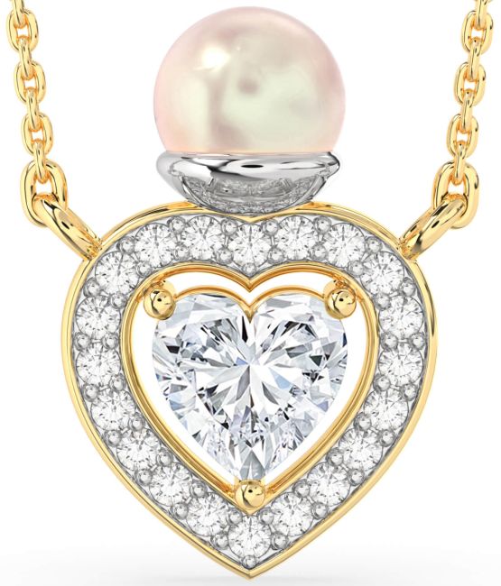 Diamond White Yellow Gold Pearl Heart Necklace