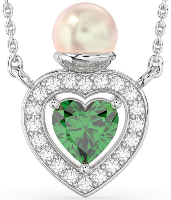 Diamond Emerald Silver Pearl Heart Necklace