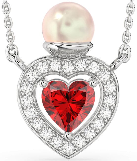 Diamond Ruby Silver Pearl Heart Necklace
