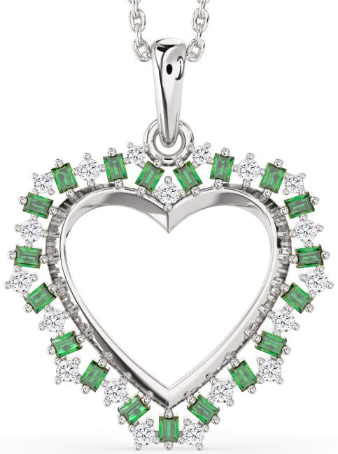 Large Diamond Emerald Silver Heart Necklace