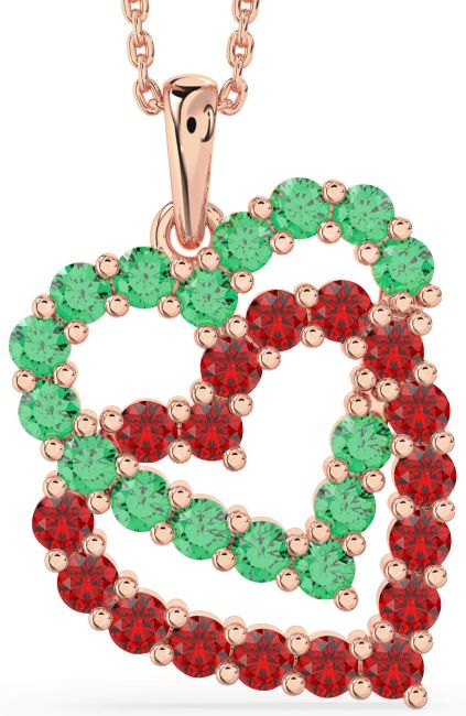Emerald & Ruby Rose Gold Heart Necklace